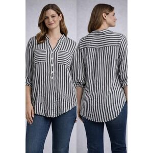 FORE Striped Button Down Blouse Womens Medium Black White Coastal Boho